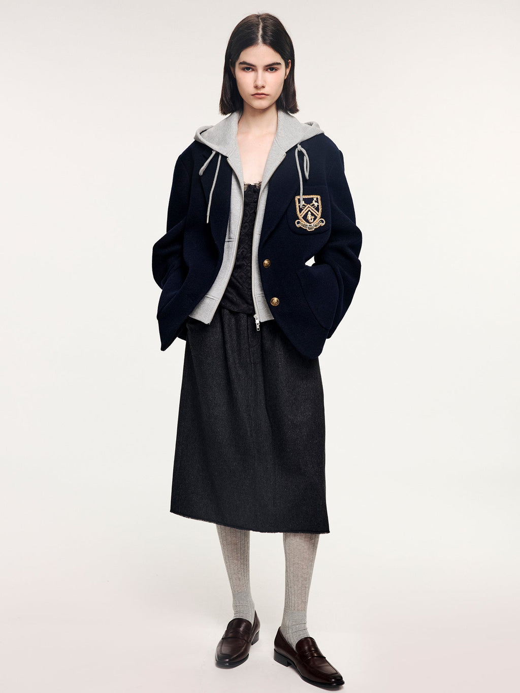 Hoodie-layered look wool blazer