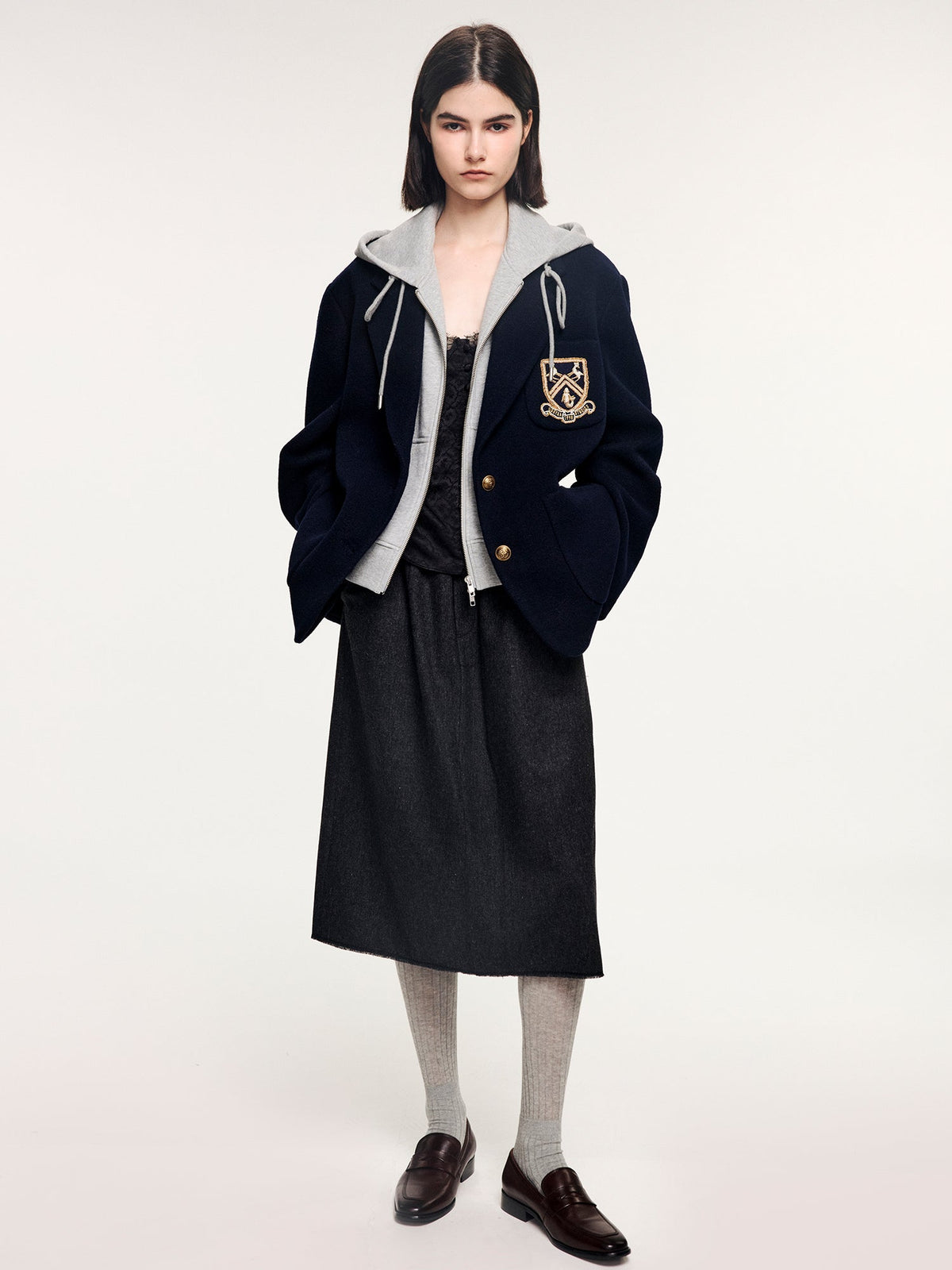 Hoodie-layered look wool blazer