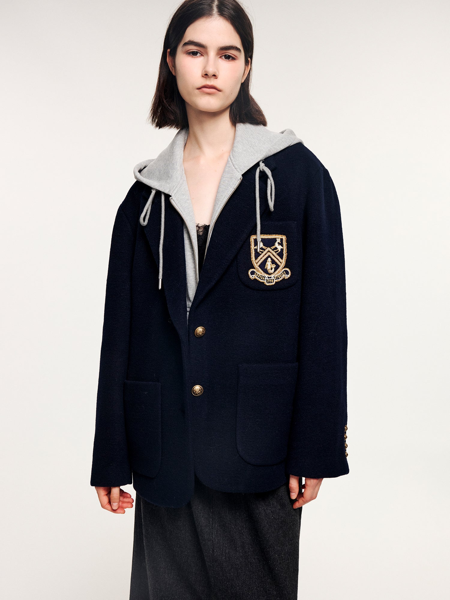 Hoodie-layered look wool blazer