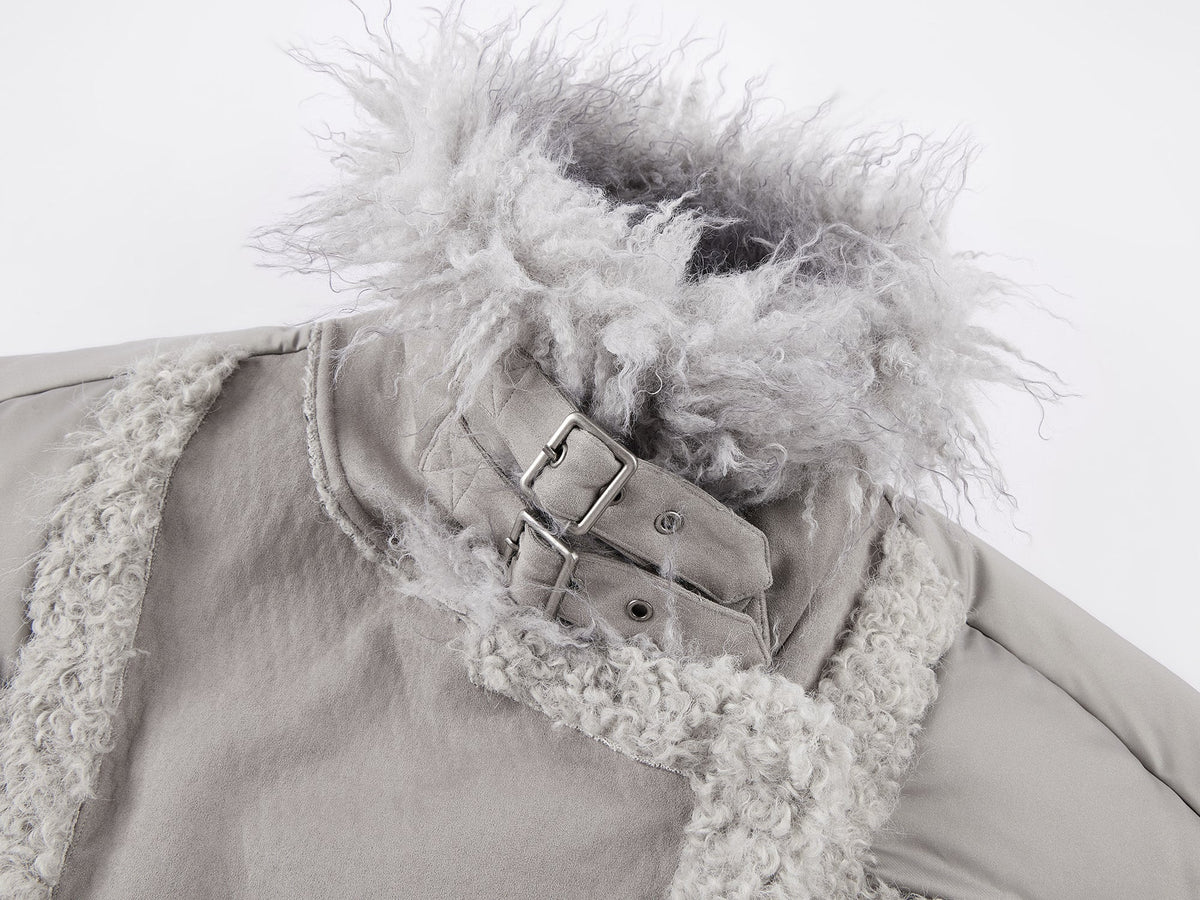 Faux fur panelled biker down jacket