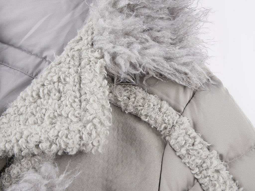 Faux fur panelled biker down jacket