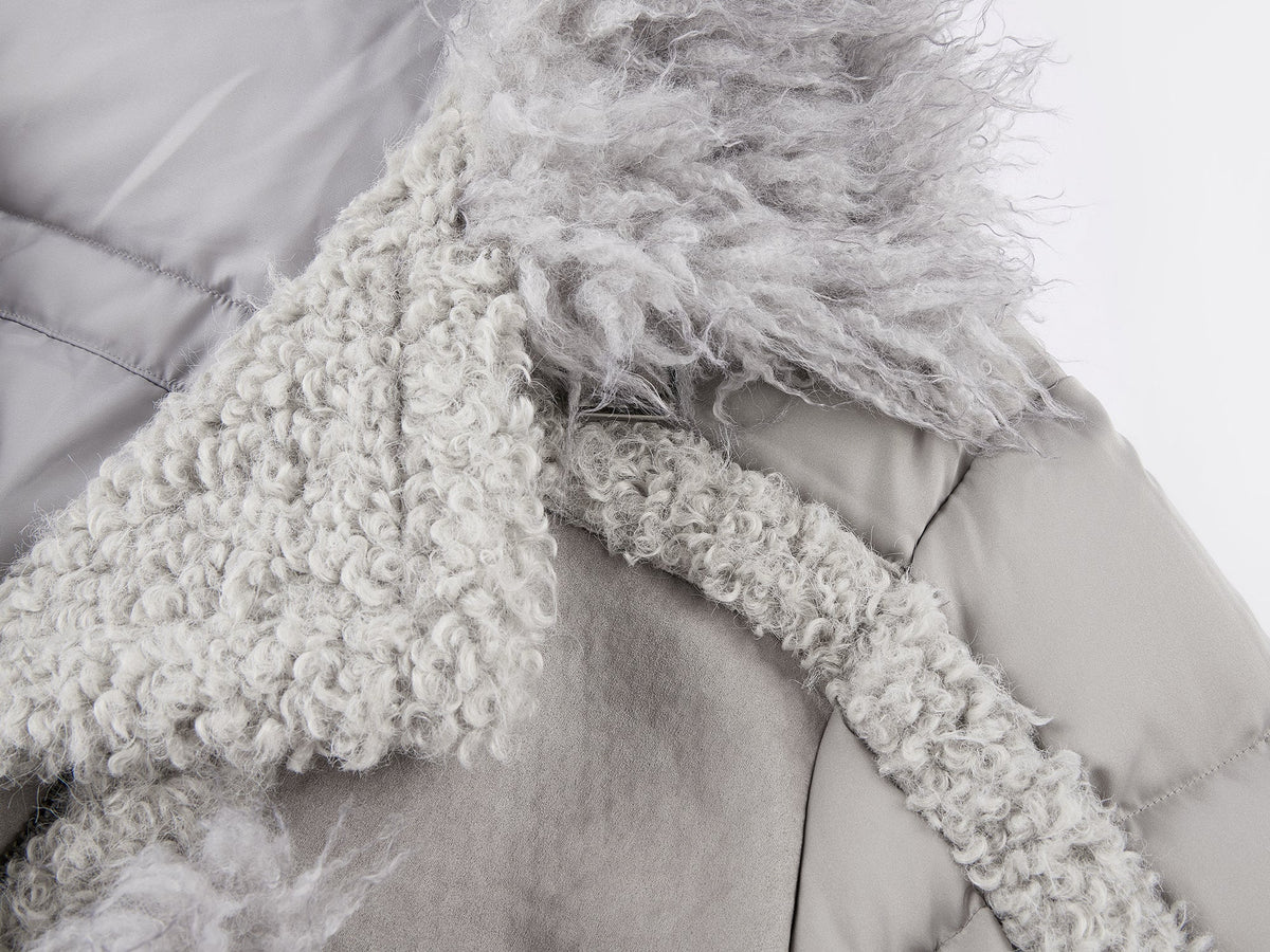Faux fur panelled biker down jacket