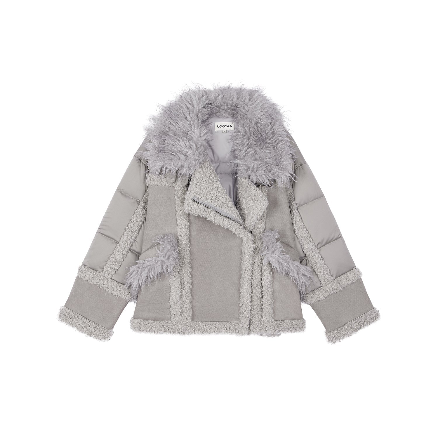 Faux fur panelled biker down jacket