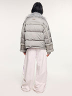 Faux fur panelled biker down jacket