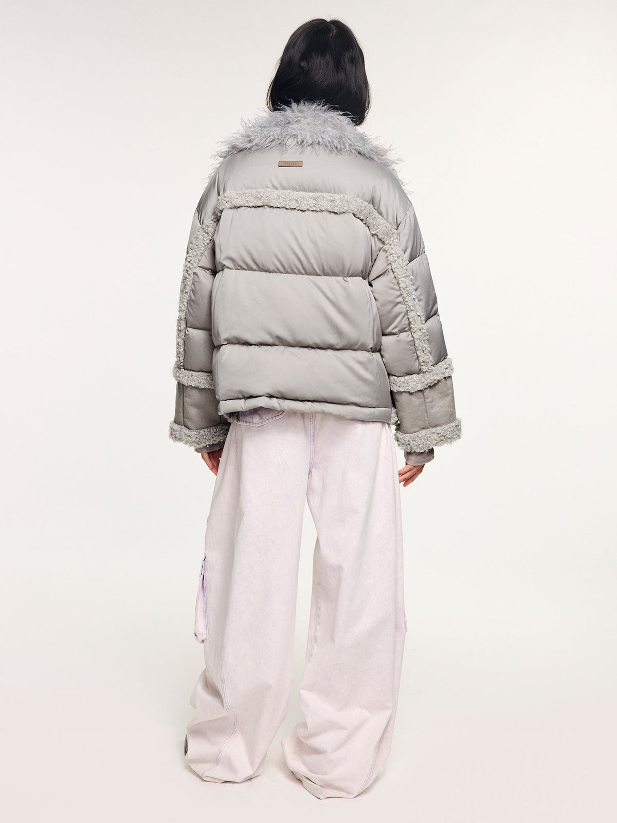 Faux fur panelled biker down jacket
