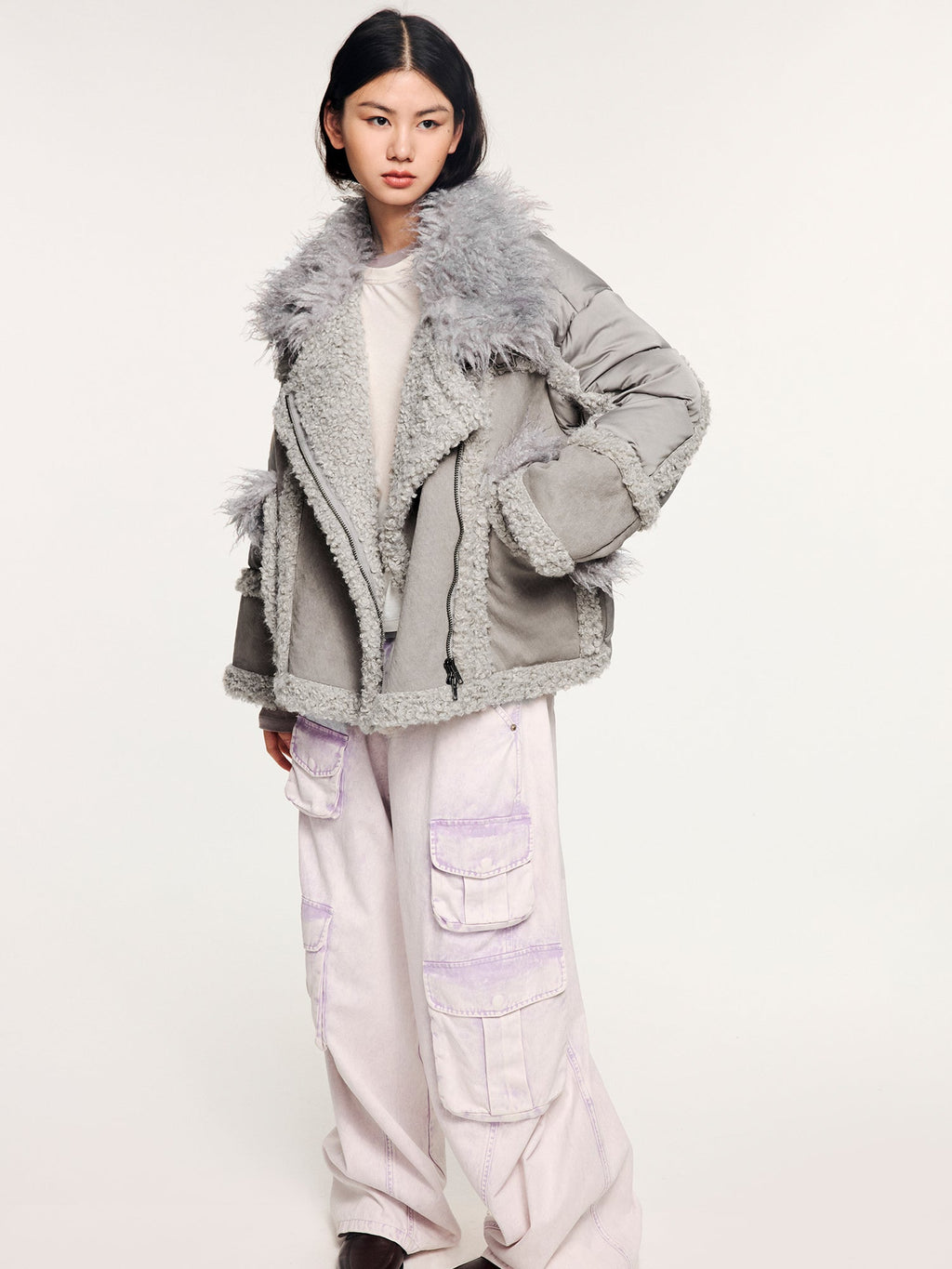 Faux fur panelled biker down jacket