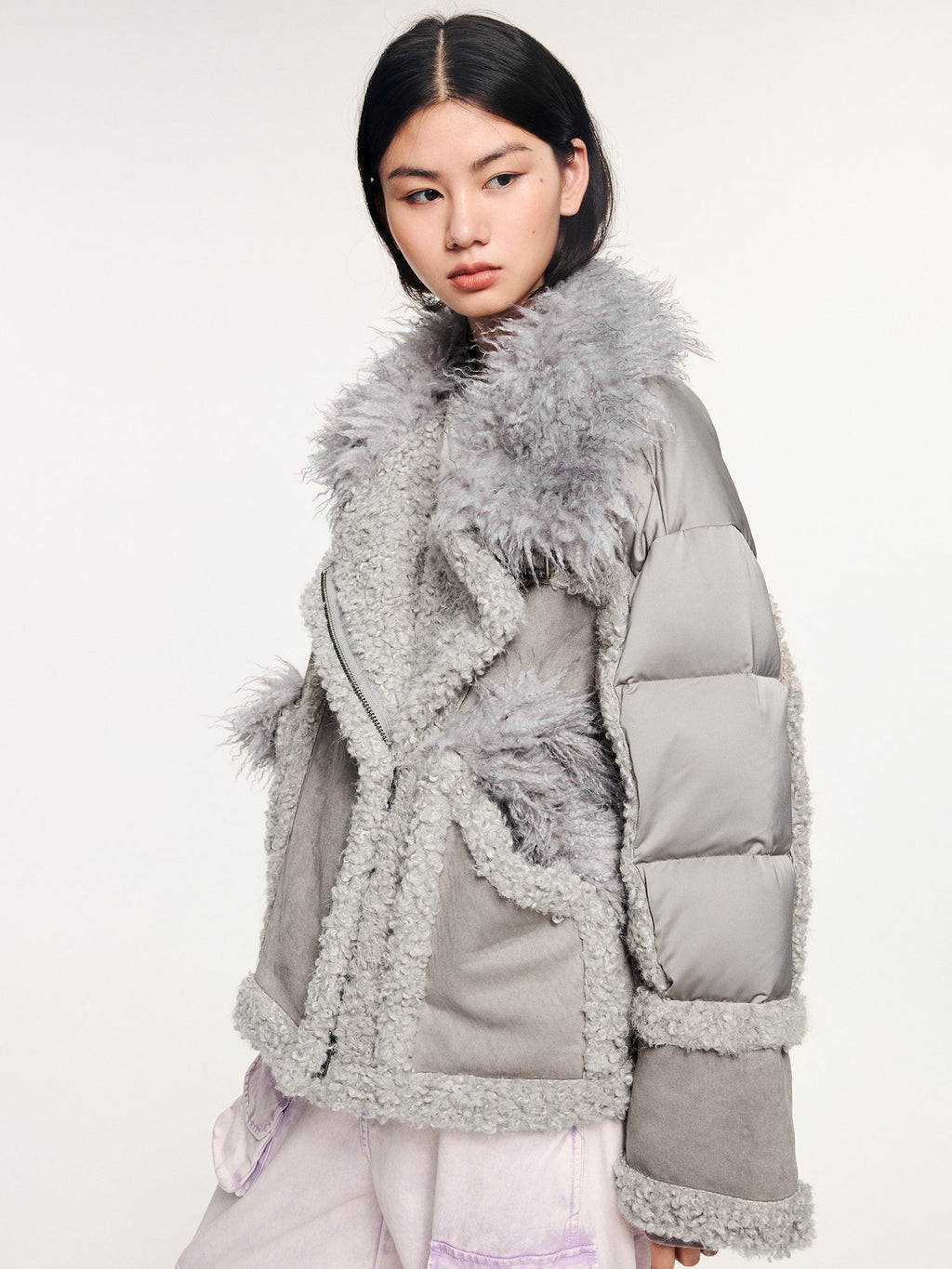 Faux fur panelled biker down jacket