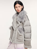Faux fur panelled biker down jacket