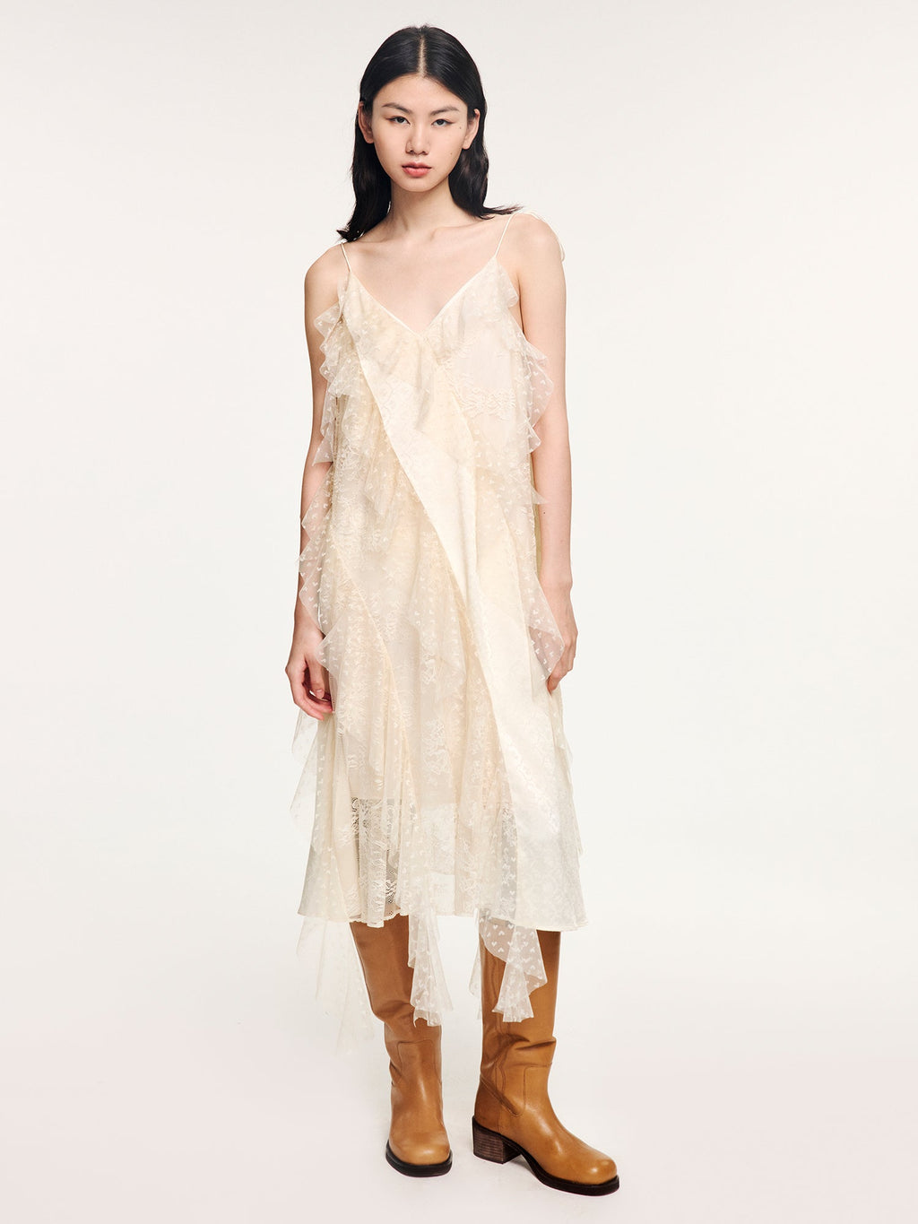 Lace ruffle jacquard slip dress