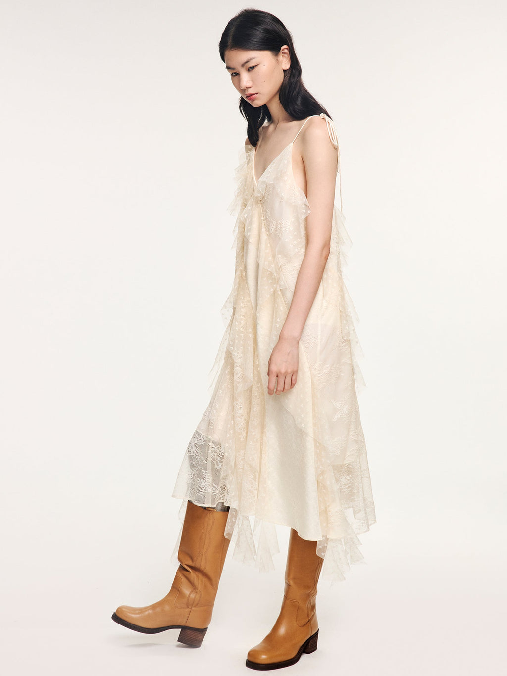 Lace ruffle jacquard slip dress