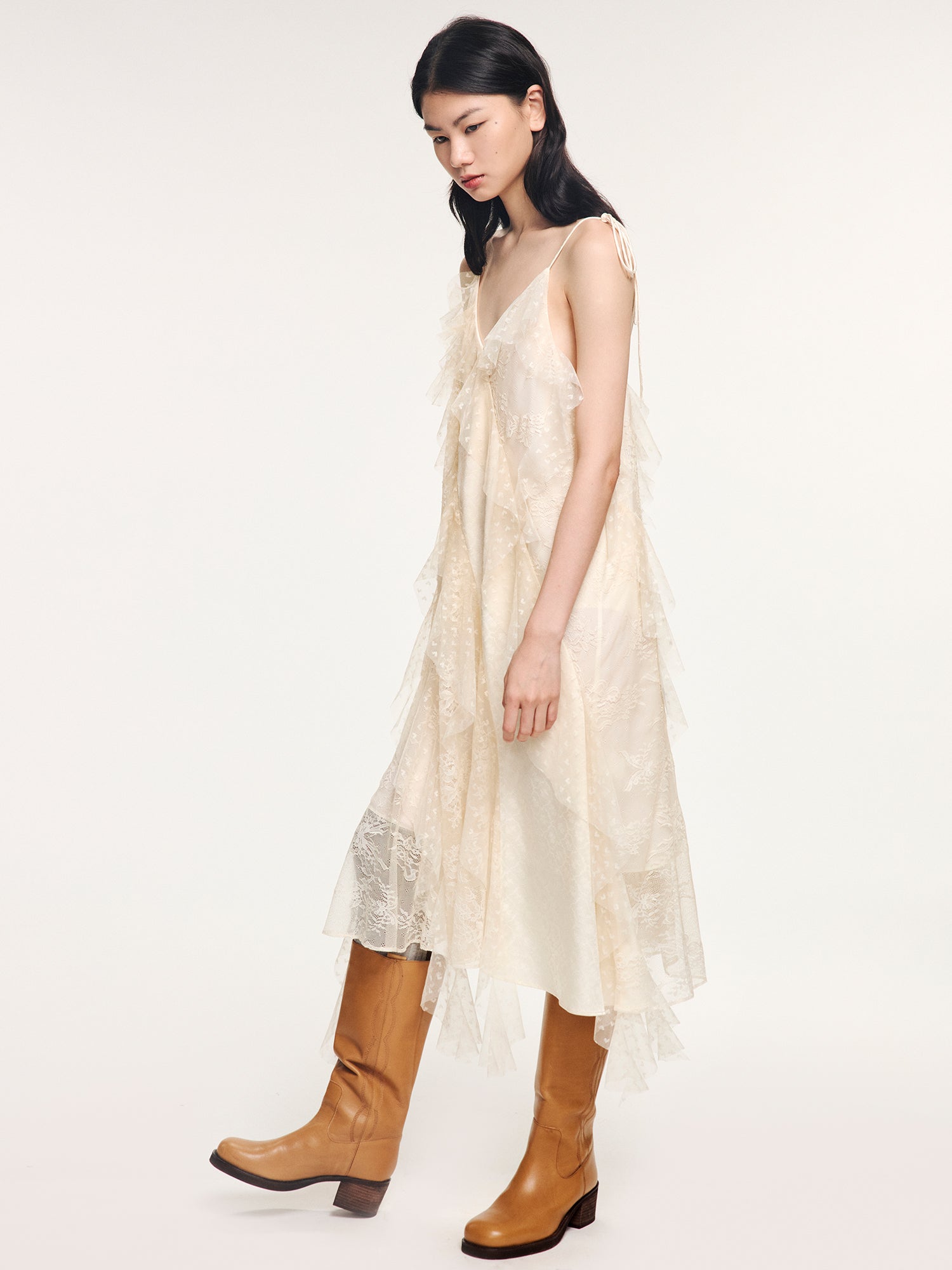 Lace ruffle jacquard slip dress