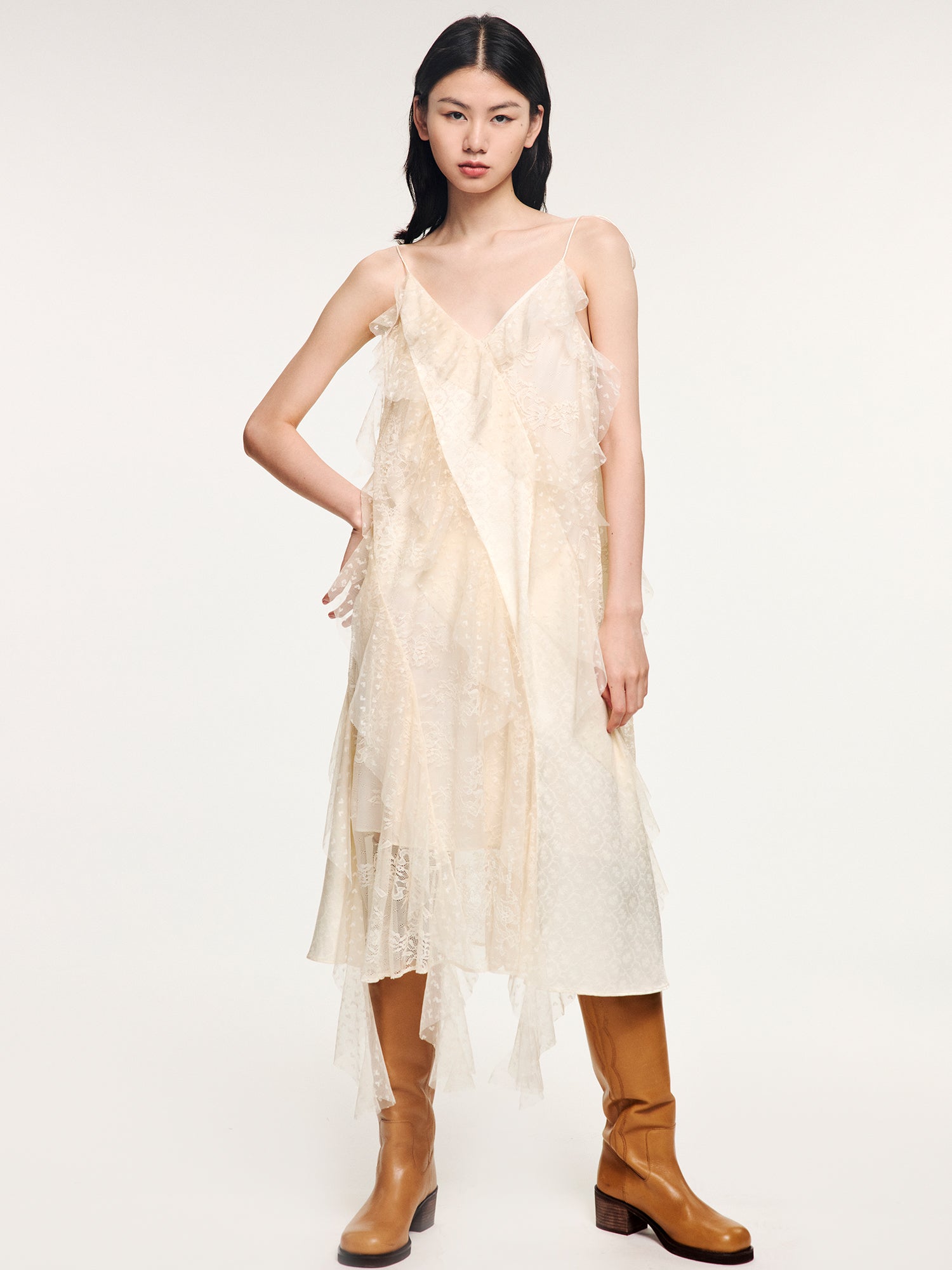 Lace ruffle jacquard slip dress