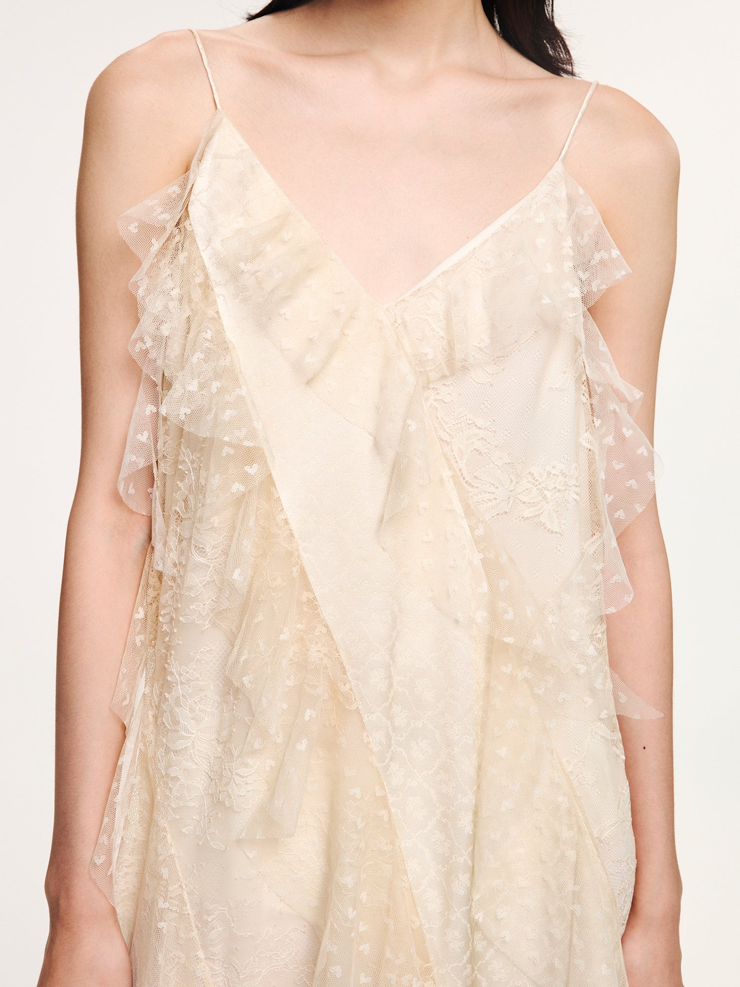 Lace ruffle jacquard slip dress