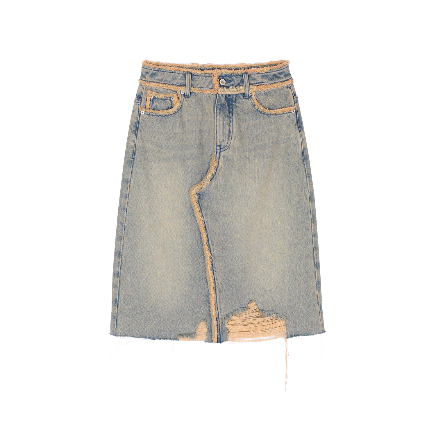 Washed raw-edge denim skirt