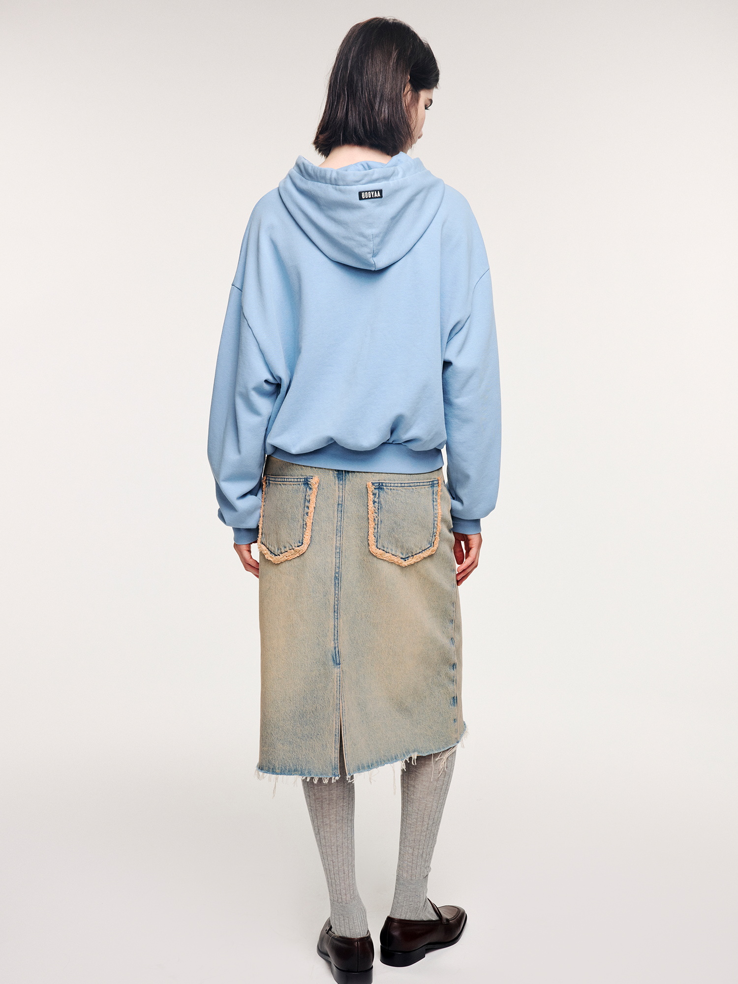 Washed raw-edge denim skirt