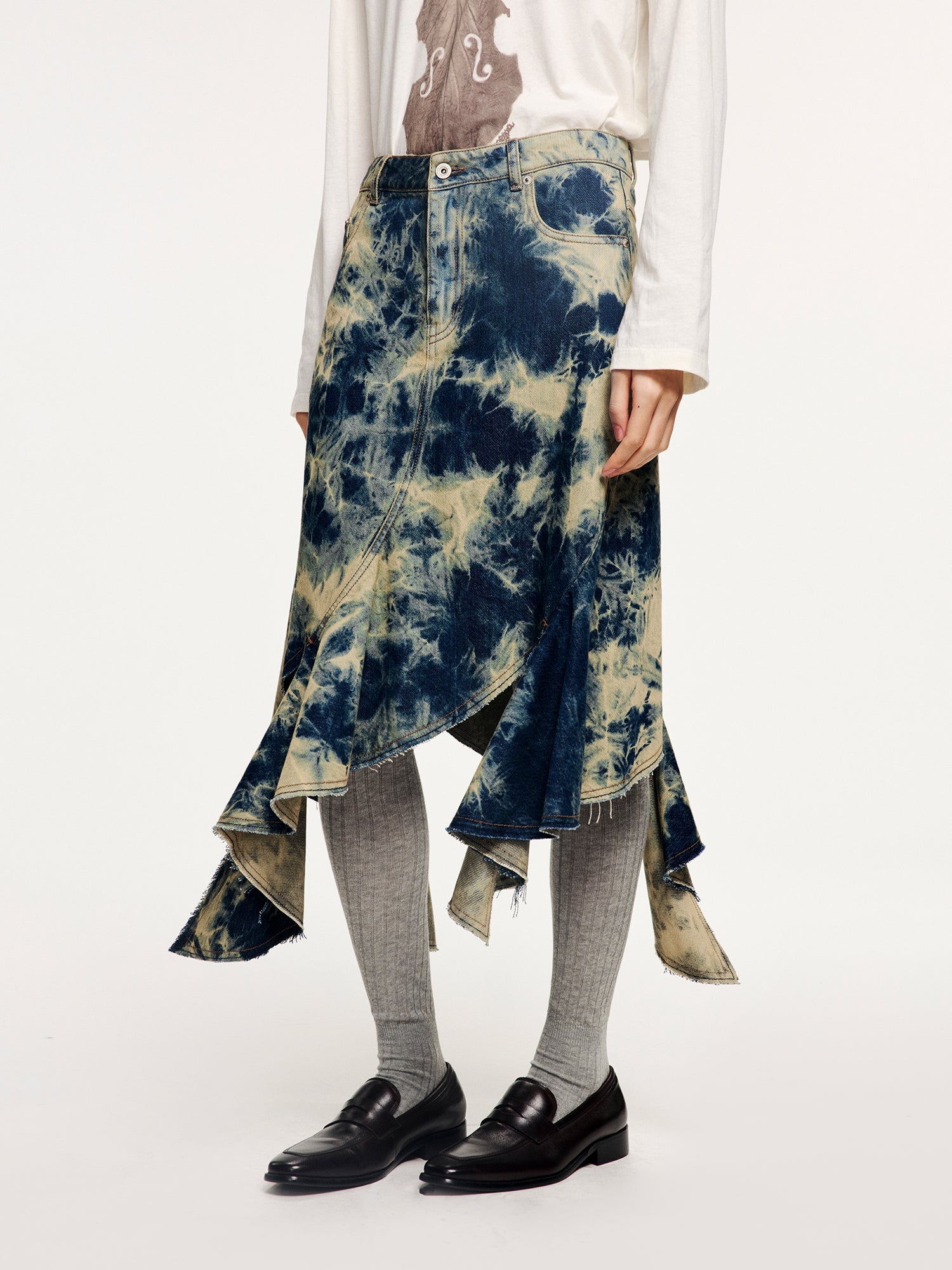 Tie-dye ruffle denim skirt