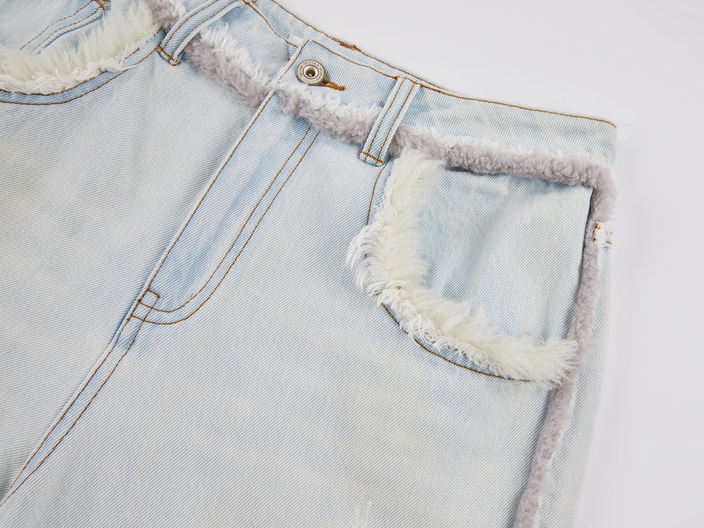 Denim pants with plush edging