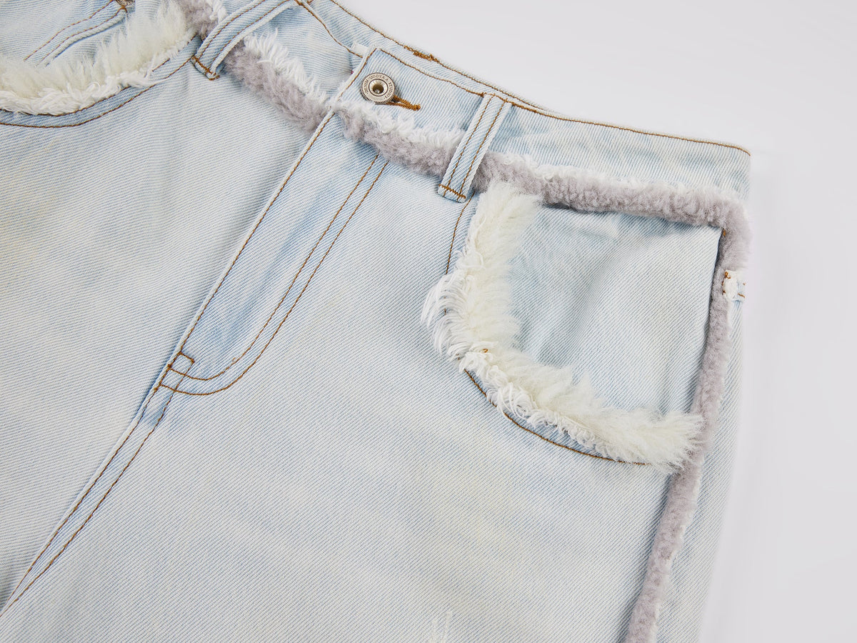 Denim pants with plush edging