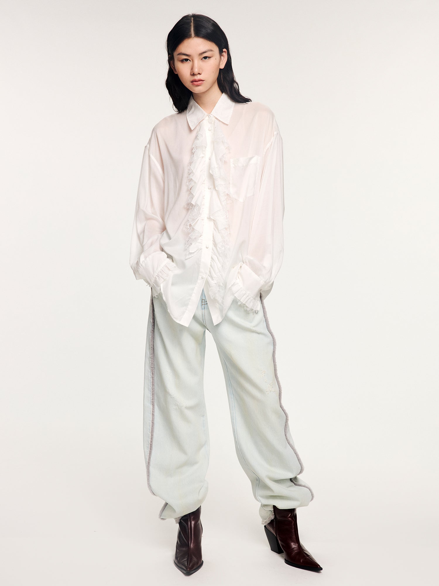 Denim pants with plush edging