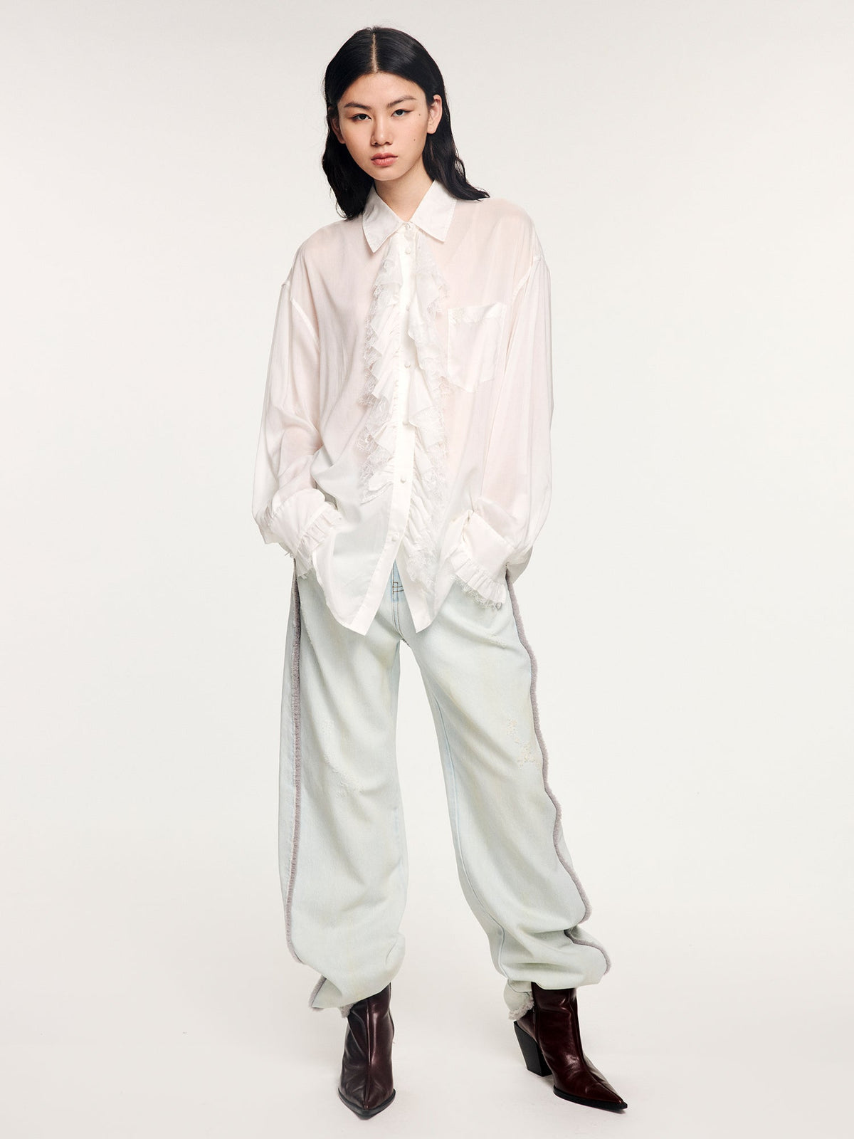Denim pants with plush edging