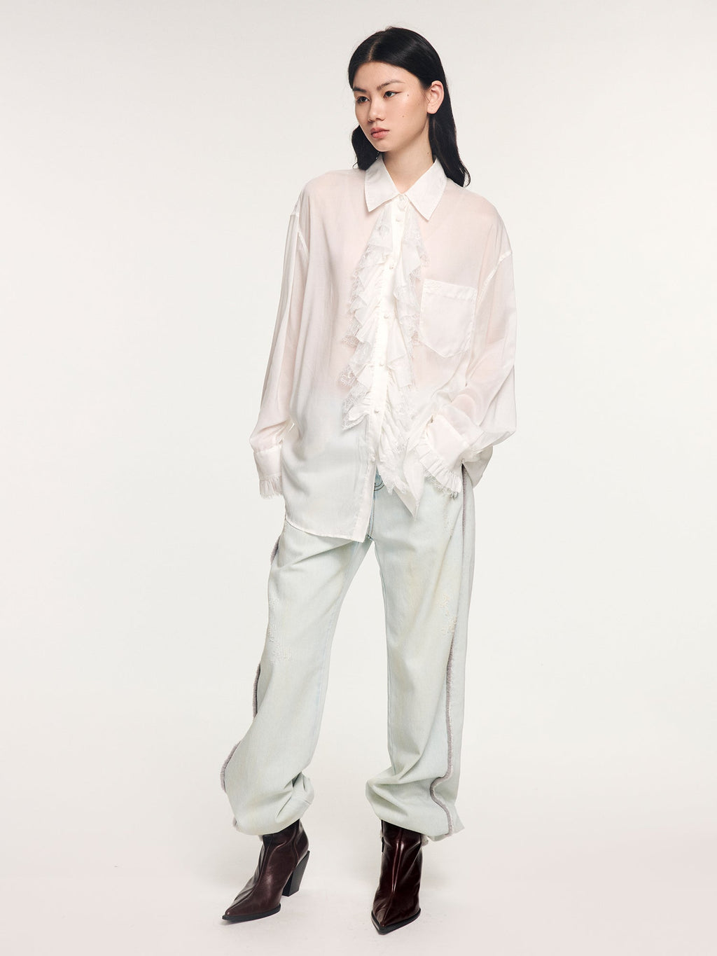 Denim pants with plush edging