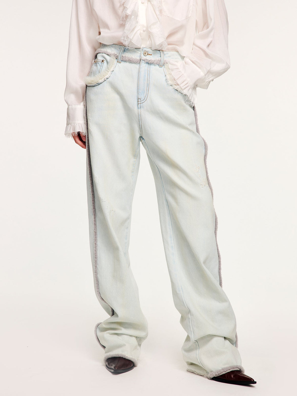 Denim pants with plush edging