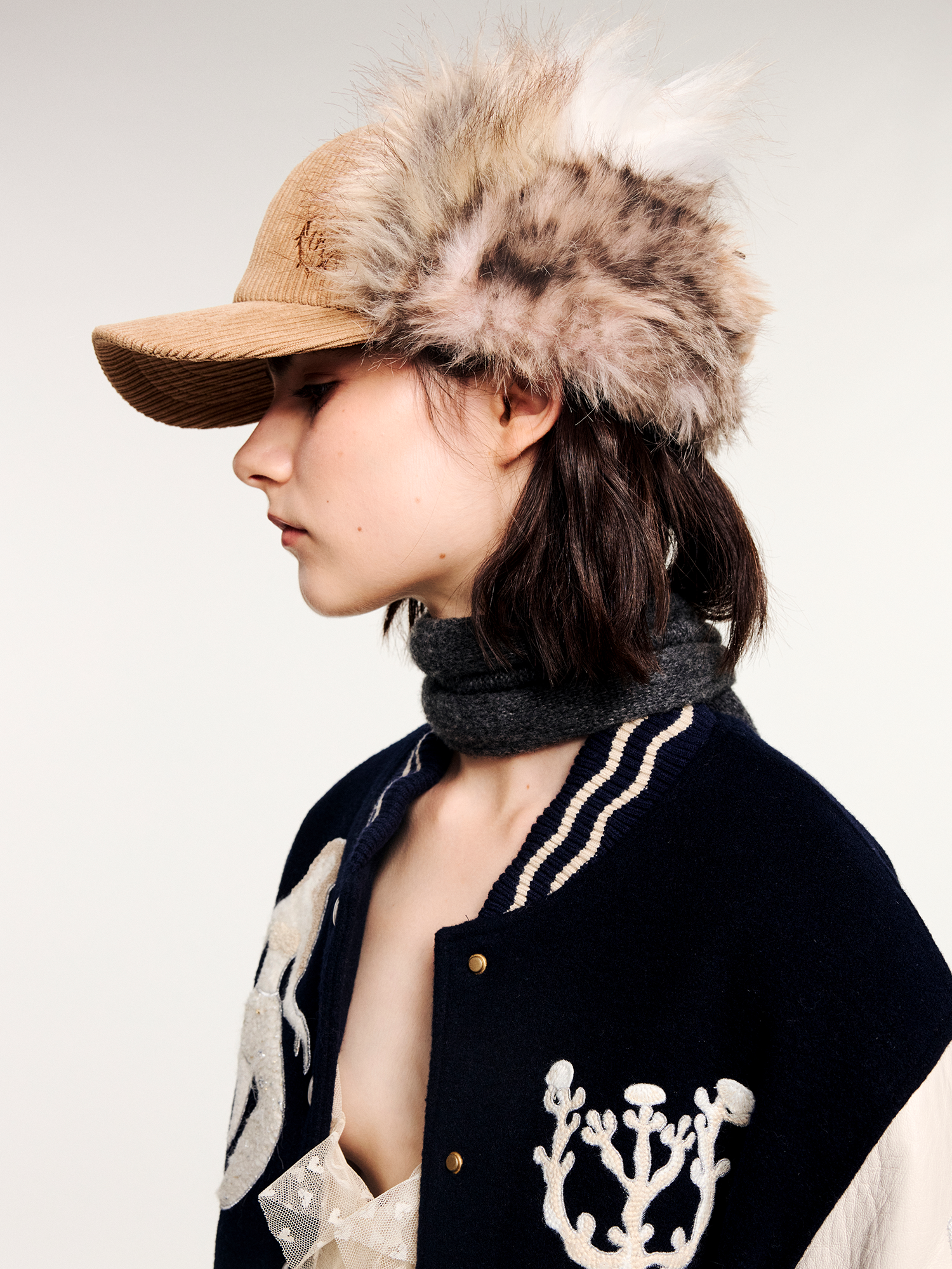 Faux fur panelled Lei Feng-style cap
