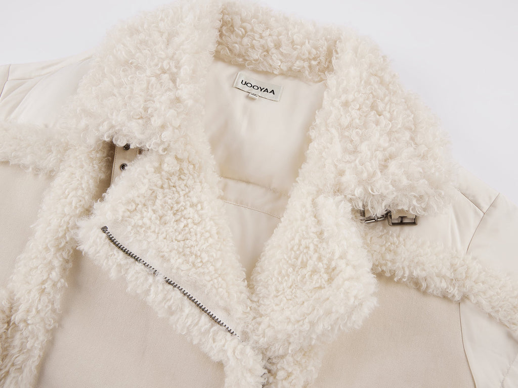 Faux fur panelled biker down jacket