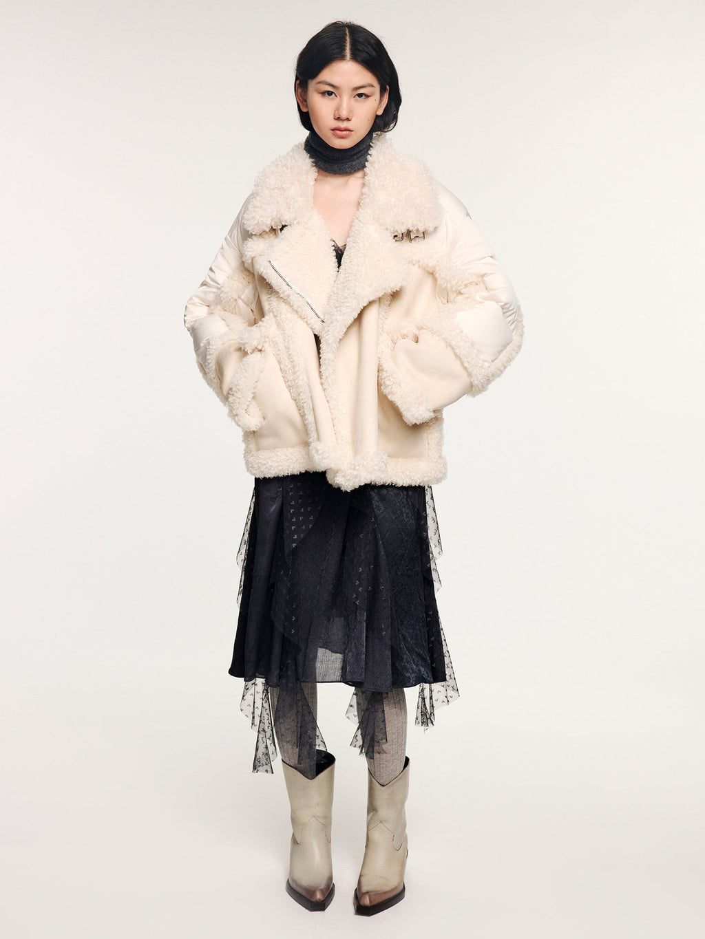 Faux fur panelled biker down jacket
