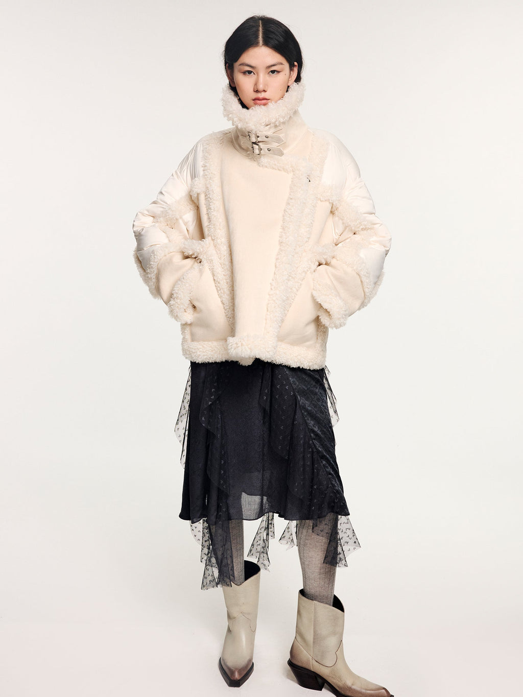 Faux fur panelled biker down jacket
