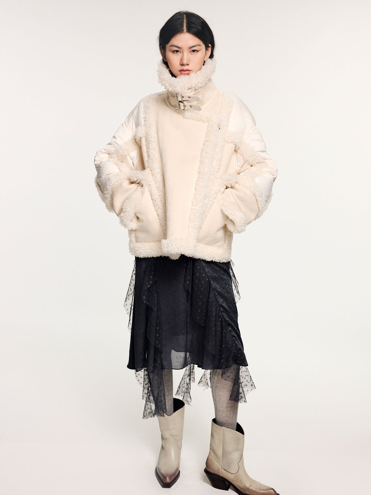 Faux fur panelled biker down jacket
