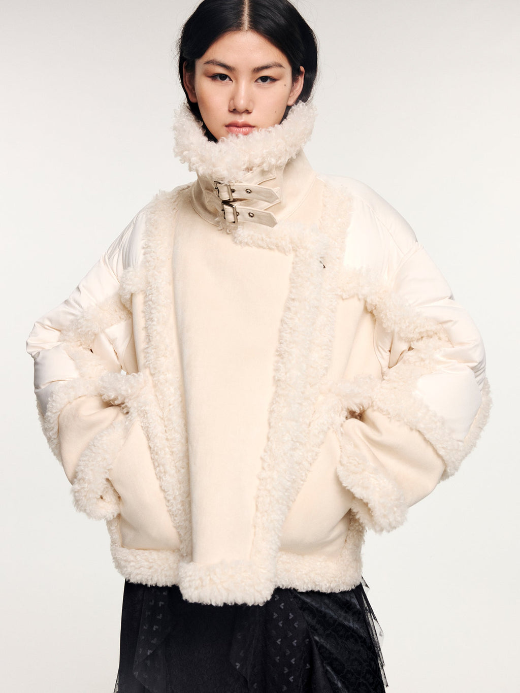 Faux fur panelled biker down jacket