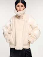 Faux fur panelled biker down jacket