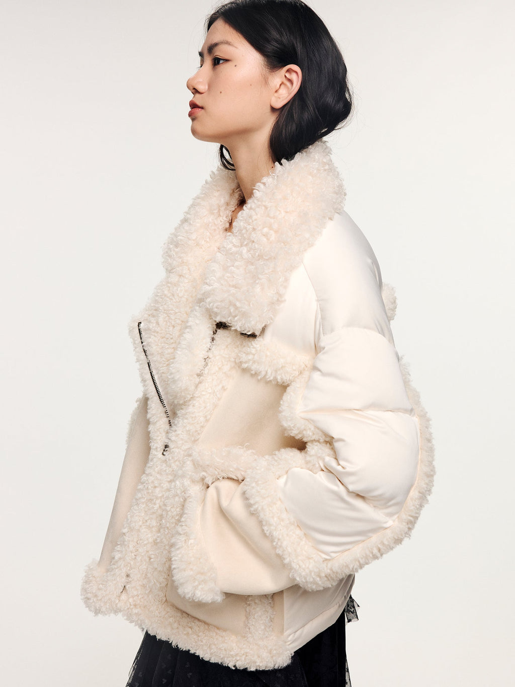 Faux fur panelled biker down jacket