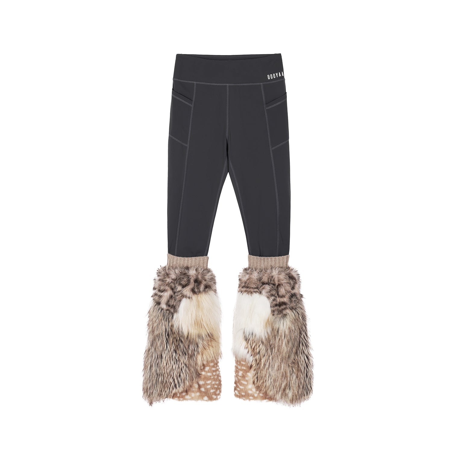 Yoga pants with faux fur sock-like cuffs