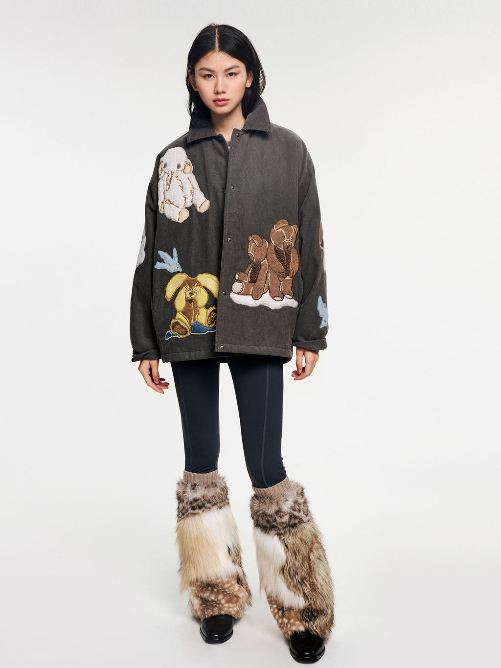 Yoga pants with faux fur sock-like cuffs