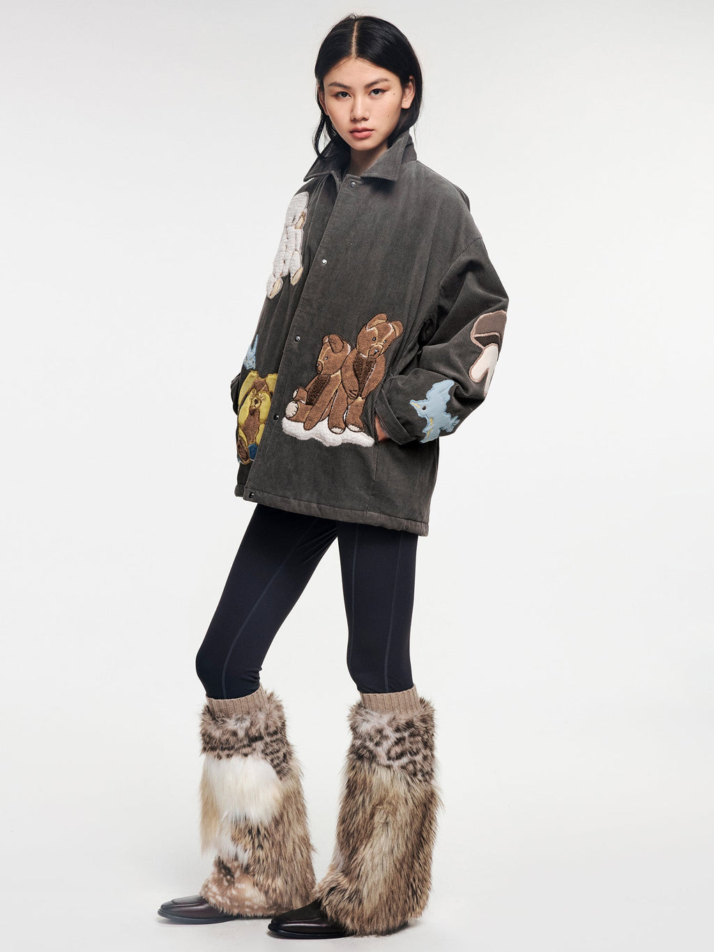 Yoga pants with faux fur sock-like cuffs