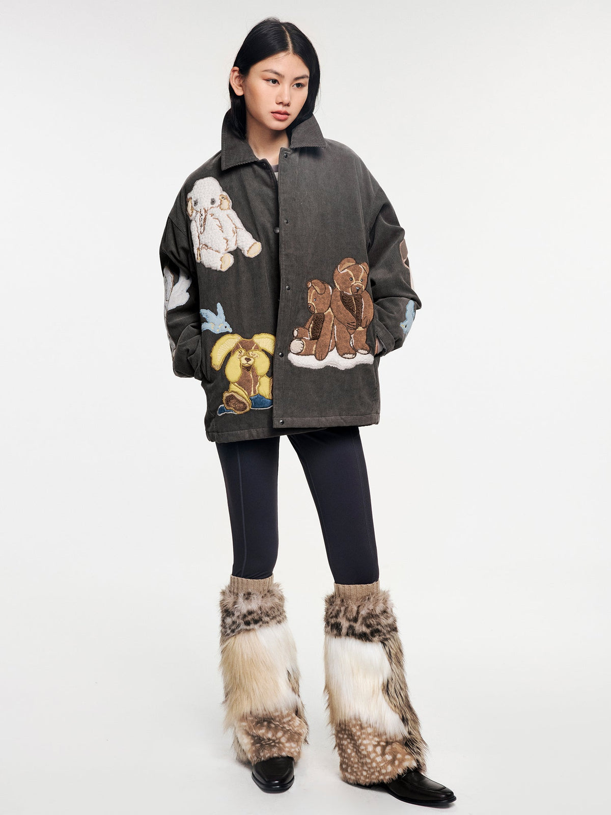 Yoga pants with faux fur sock-like cuffs