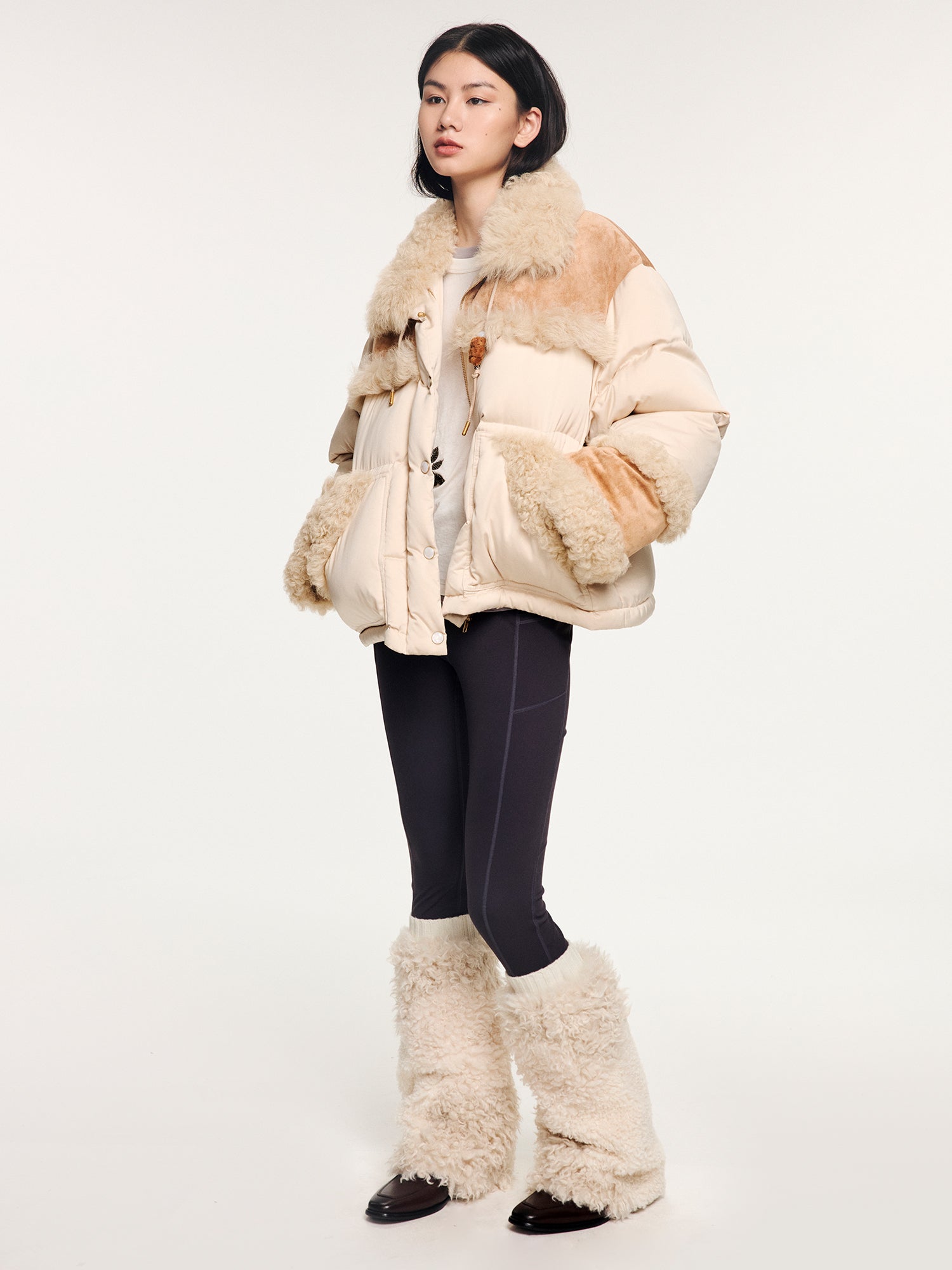 Yoga pants with faux fur sock-like cuffs