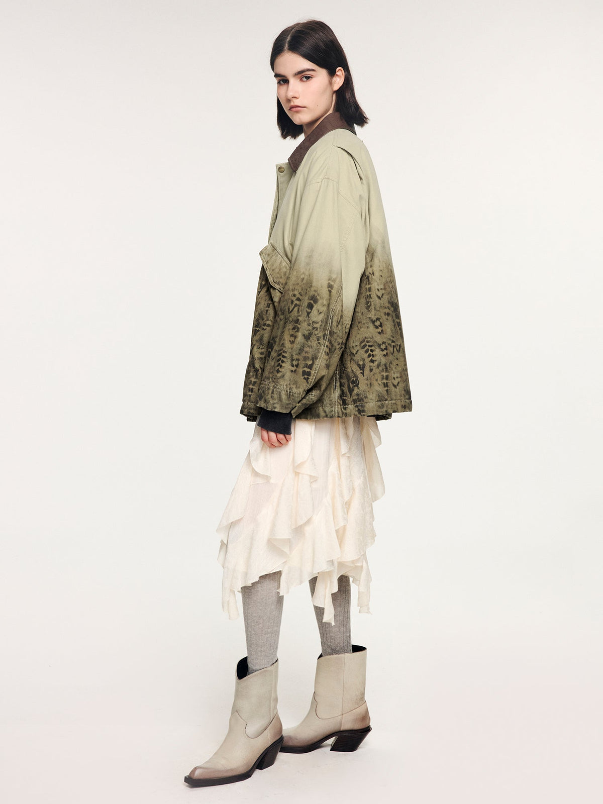 Feather denim padded jacket with ostrich leather collar