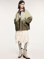 Feather denim padded jacket with ostrich leather collar