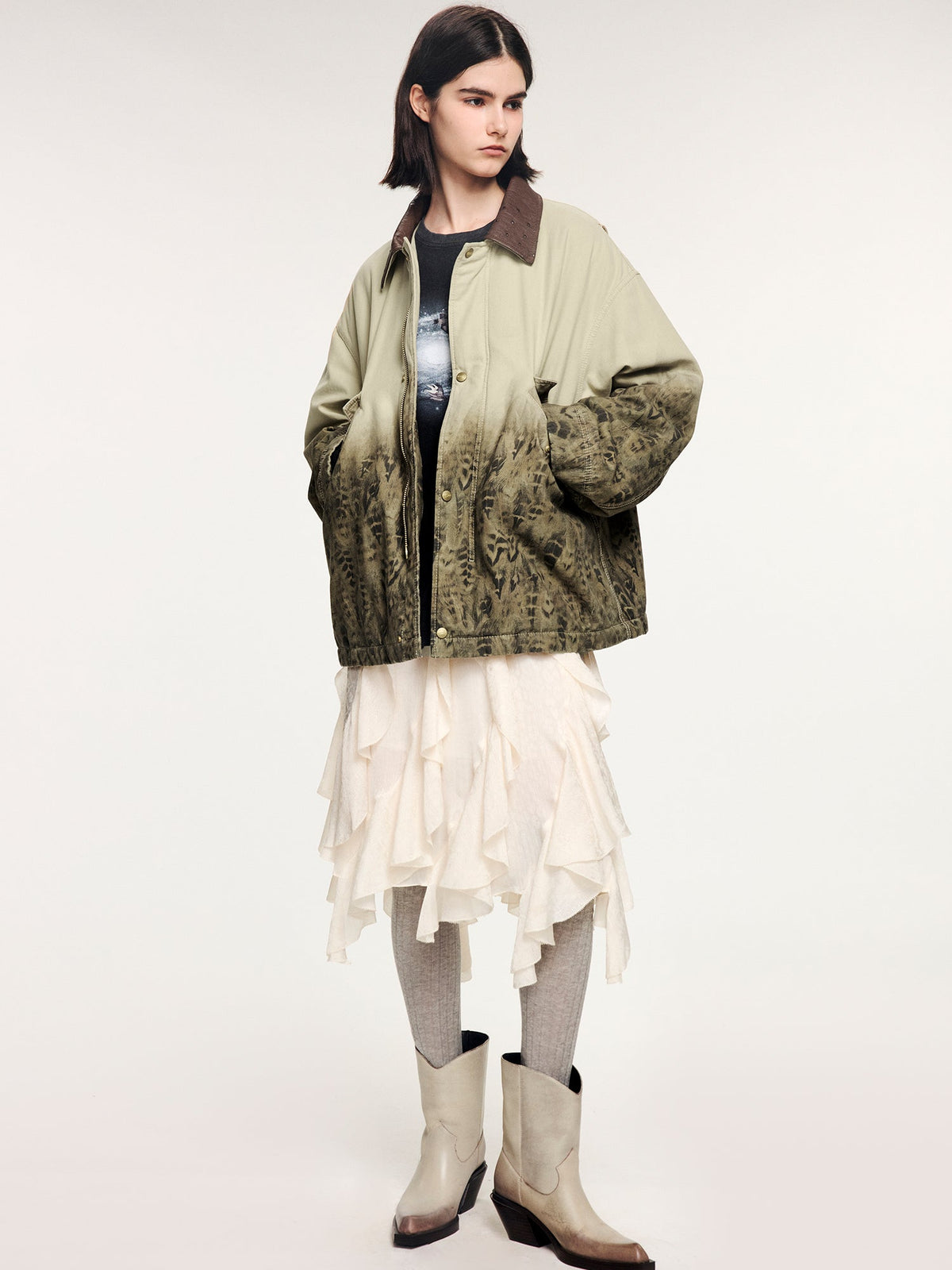 Feather denim padded jacket with ostrich leather collar