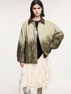 Feather denim padded jacket with ostrich leather collar
