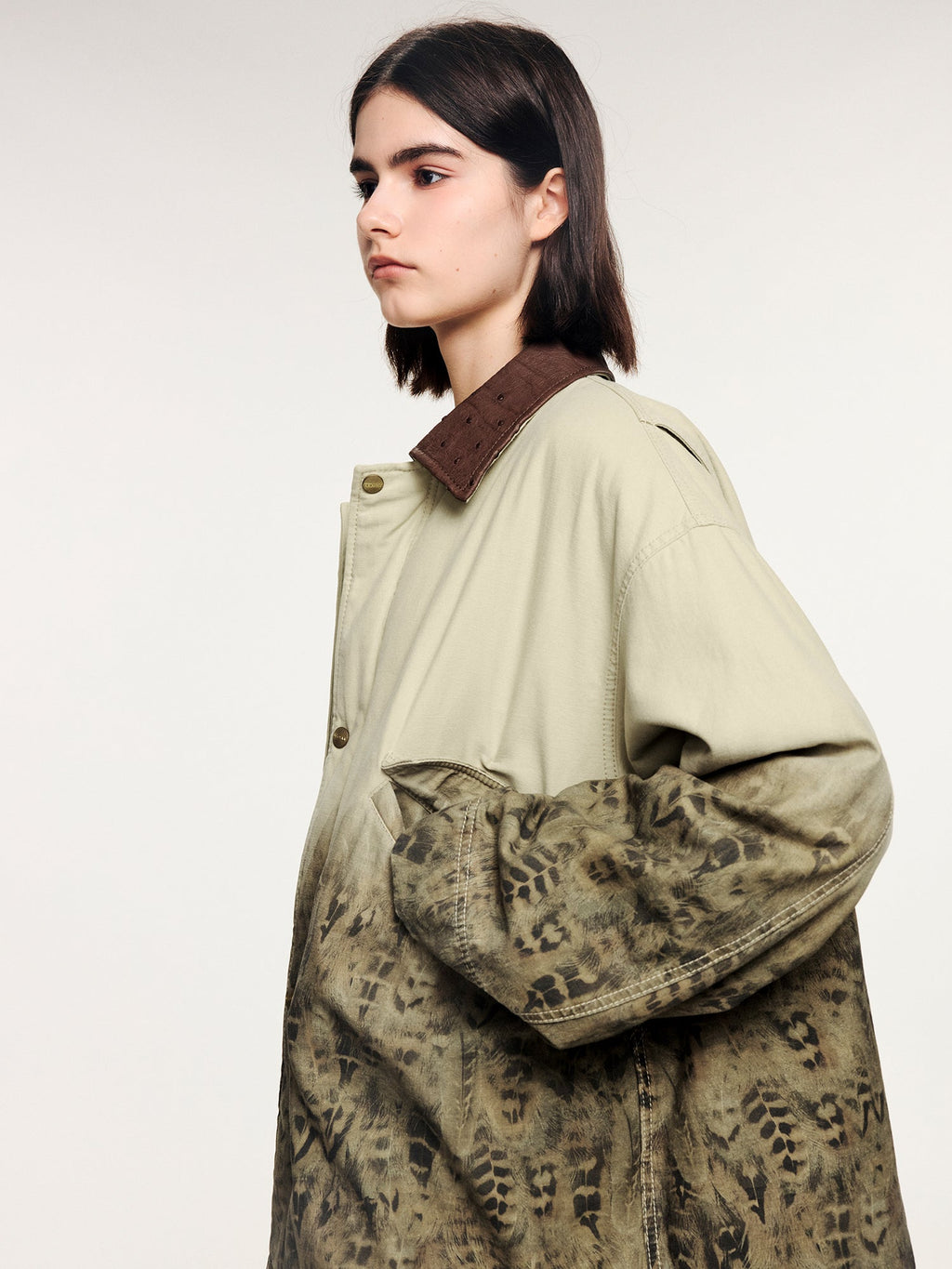 Feather denim padded jacket with ostrich leather collar
