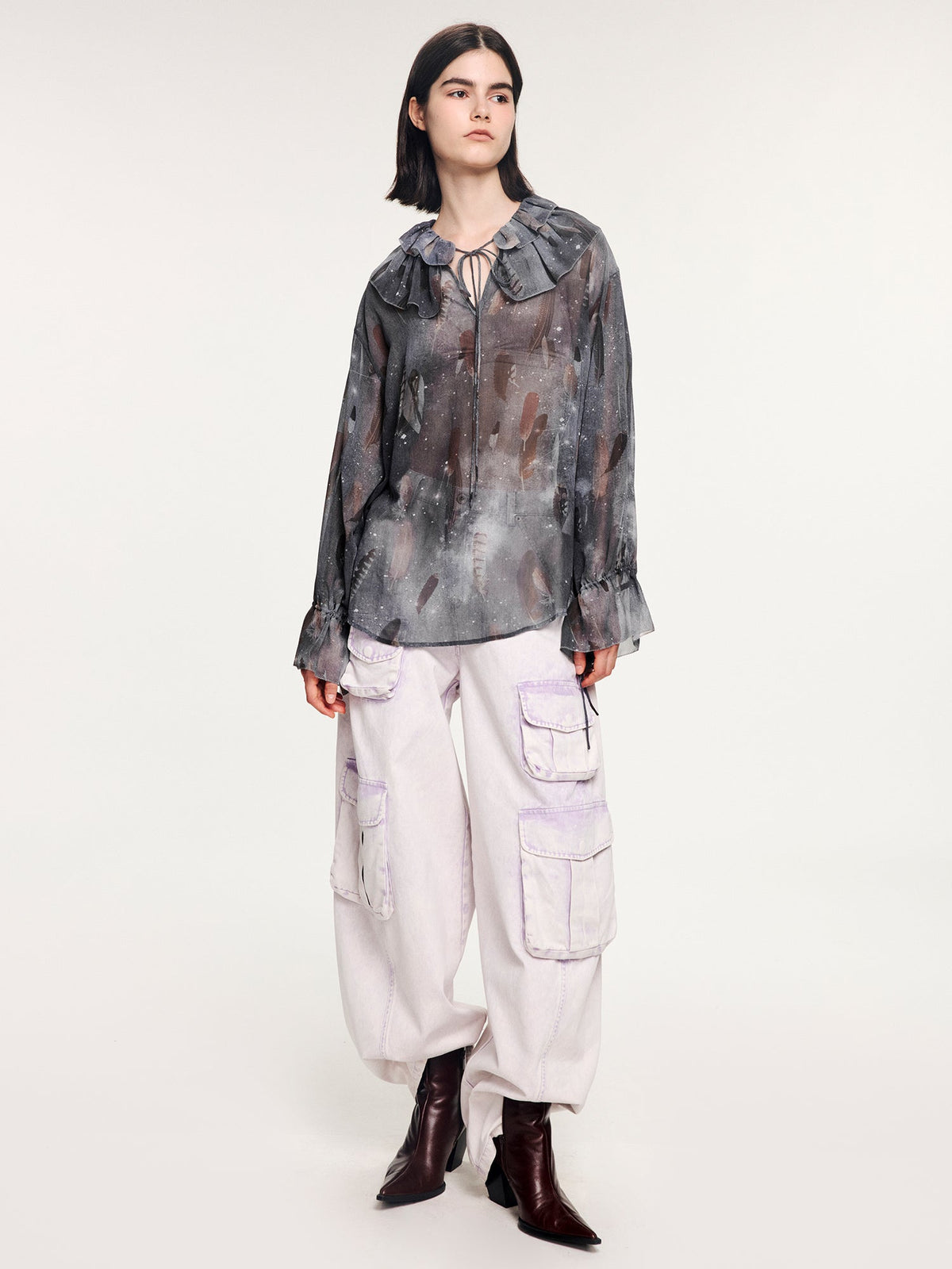 Feather ruffled collar shirt