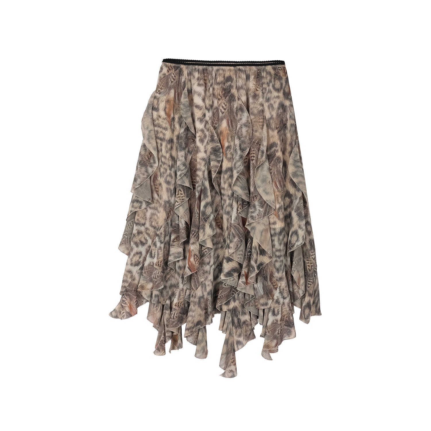 Feather & leopard ruffled hem skirt