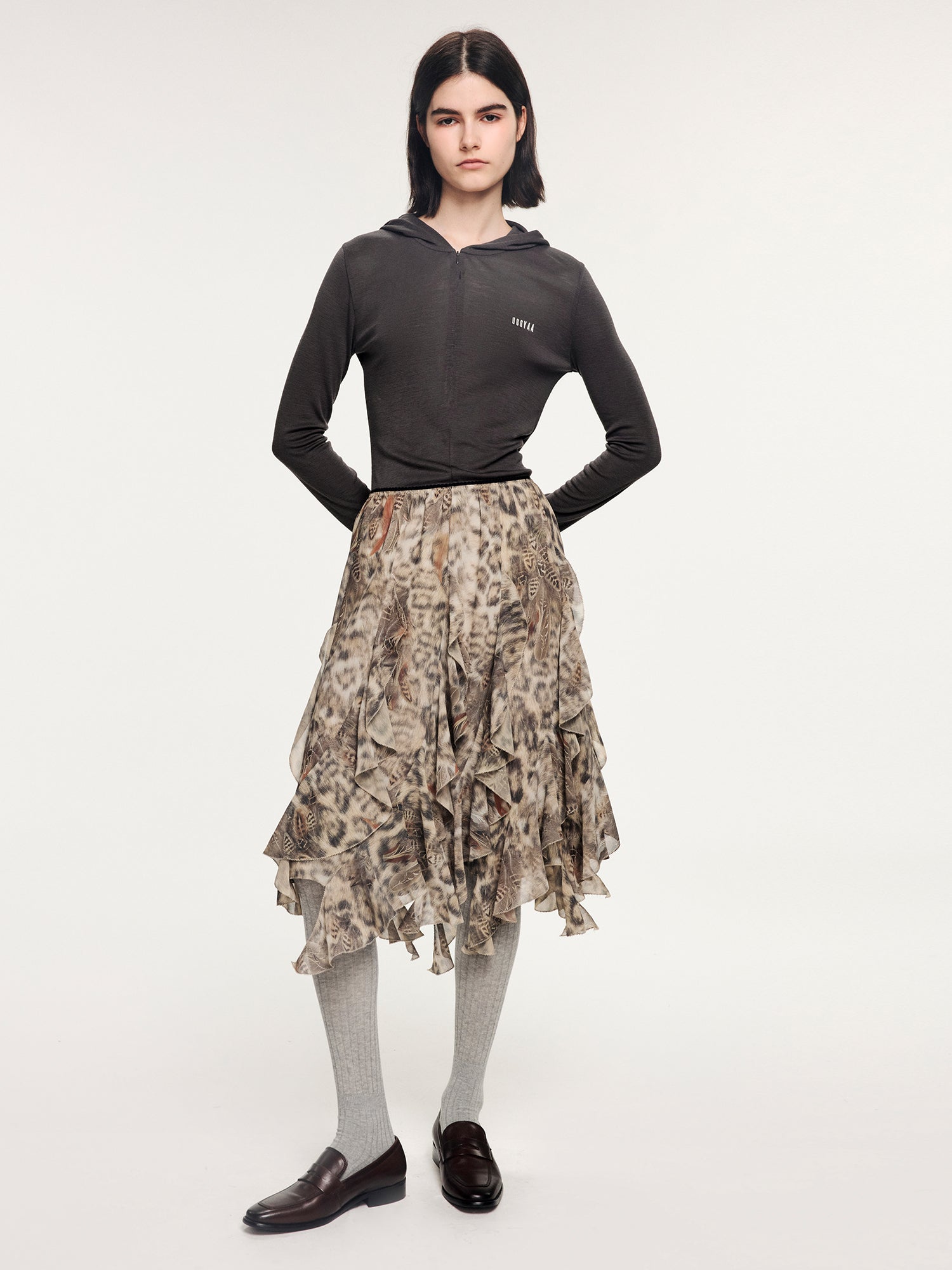 Feather & leopard ruffled hem skirt