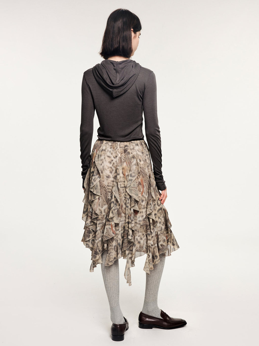 Feather & leopard ruffled hem skirt