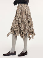 Feather & leopard ruffled hem skirt
