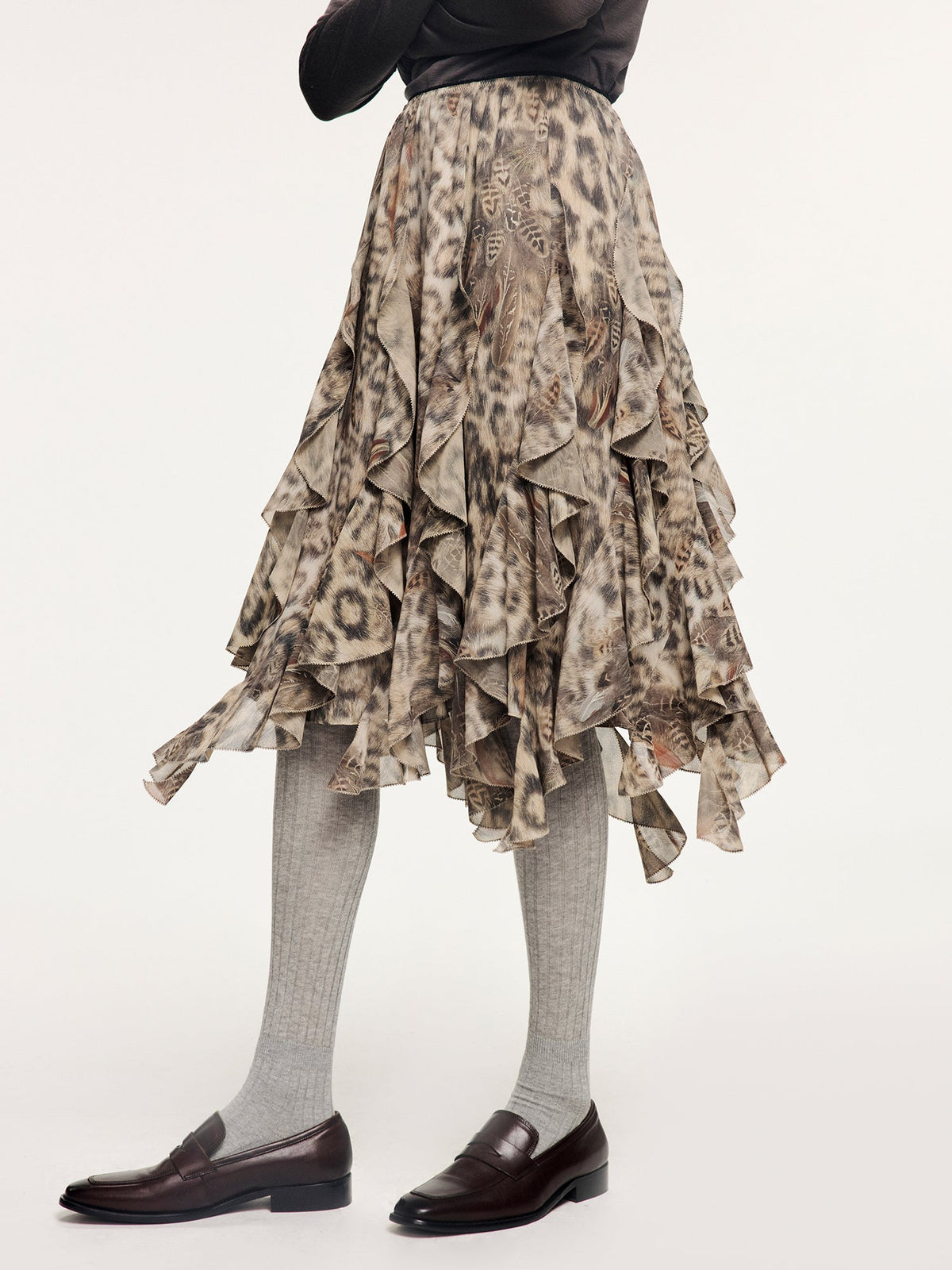 Feather & leopard ruffled hem skirt